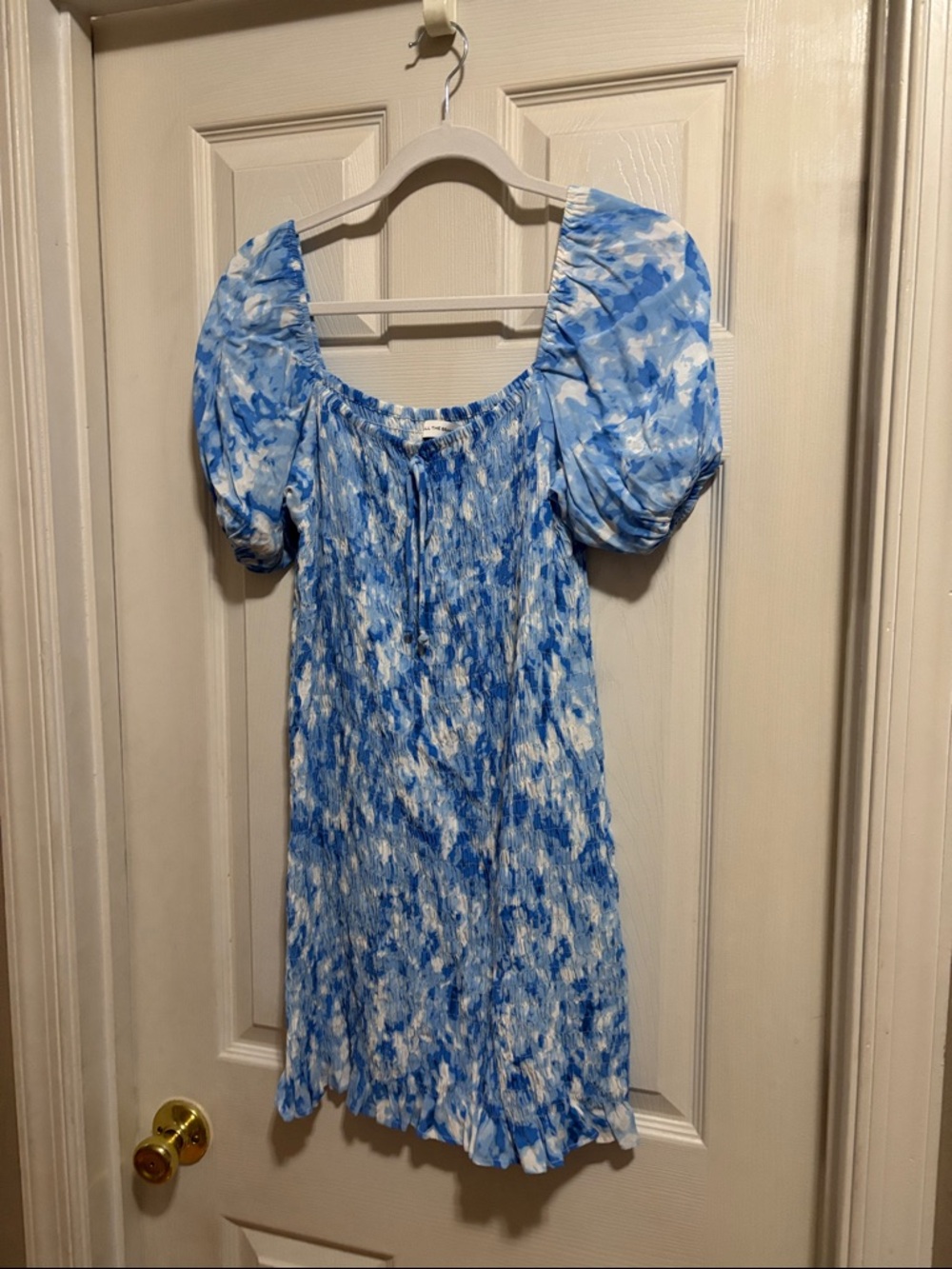 Faithfull the Brand Blue & White Puff-Sleeve Mini Dress